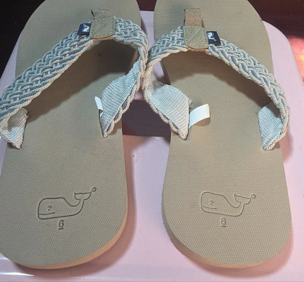 Woven Strap Flip Flop Sandals in Light Tan and Cream